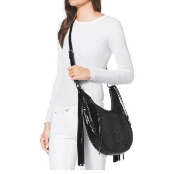 Michael Kors Medium Rhea Crystal Black Slouchy Shoulder Patent Python Black Bag - Picture 5 of 7